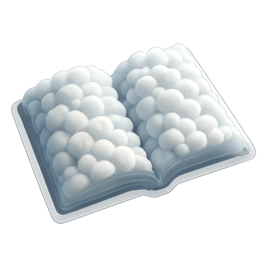 top view of a thick open book made entirely of small, very bright white fluffy convex clouds, matte glass style, emphasis on volume and airiness, no background sticker