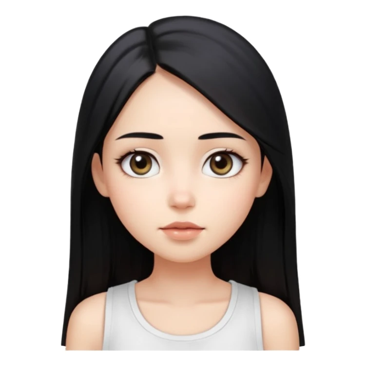 Smooth skin, soft shading, large expressive eyes, natural makeup. 
Long straight black hair, center part. 
Minimalistic and cute facial expression. 
White sleeveless top. 
Bright studio lighting, plain white background. 
High resolution, polished, modern, simple aesthetic. sticker
