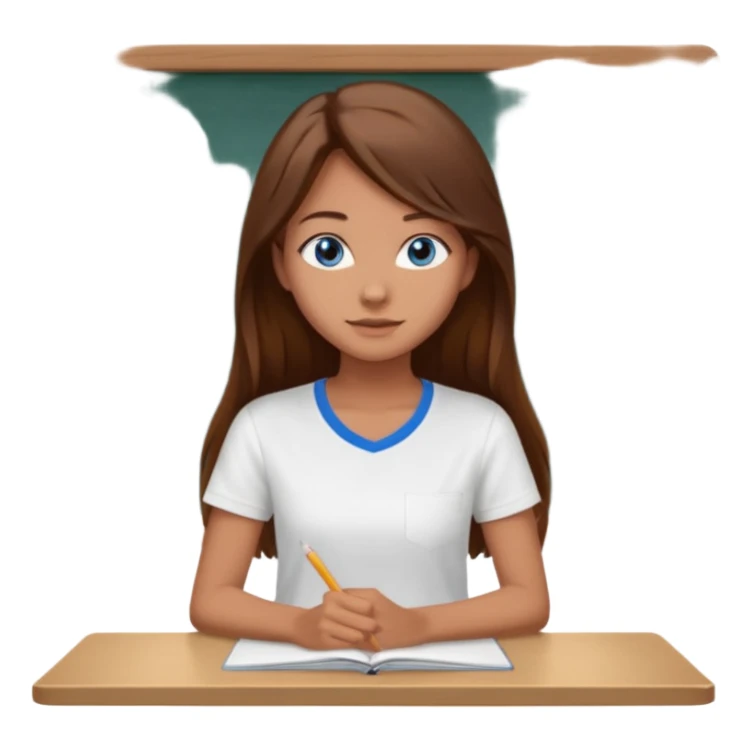 high school class room with a pretty female high school student with long brown hair, blue eyes sitting in front of the blackboard sticker