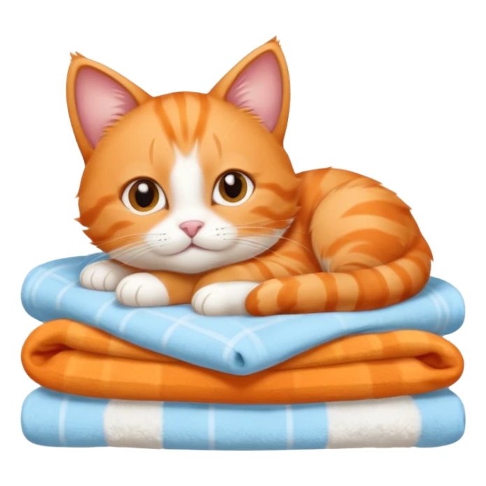 Cute baby Orange cat laying on a stack of light blue blankets sticker