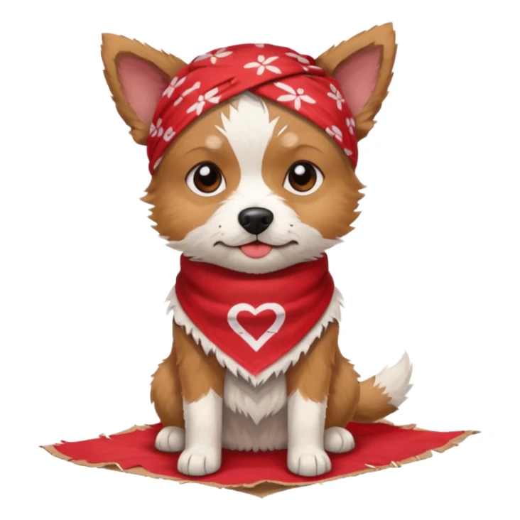 A small scruffy dog wearing a torn bandana, sitting beside a cardboard piece with hopeful gentle eyes.
e Fireplace sticker