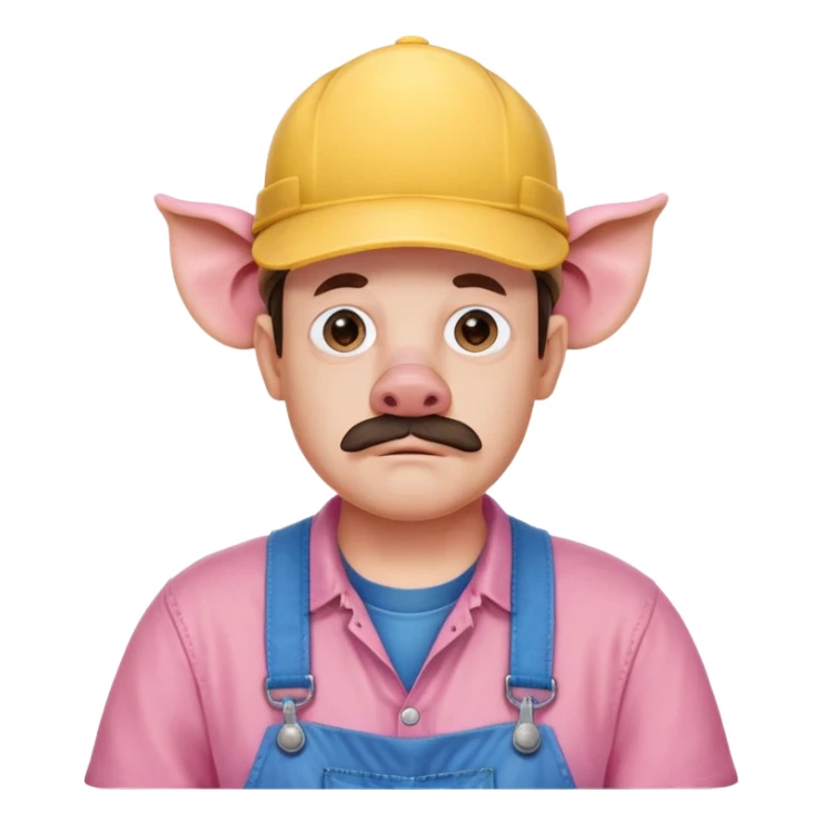 Uncle Samsonite (fat man that looks poorly rendered and doesn’t have a nose and has brown overalls, yellow shirt, blue hat, and pig ears. Also has pink skin sticker