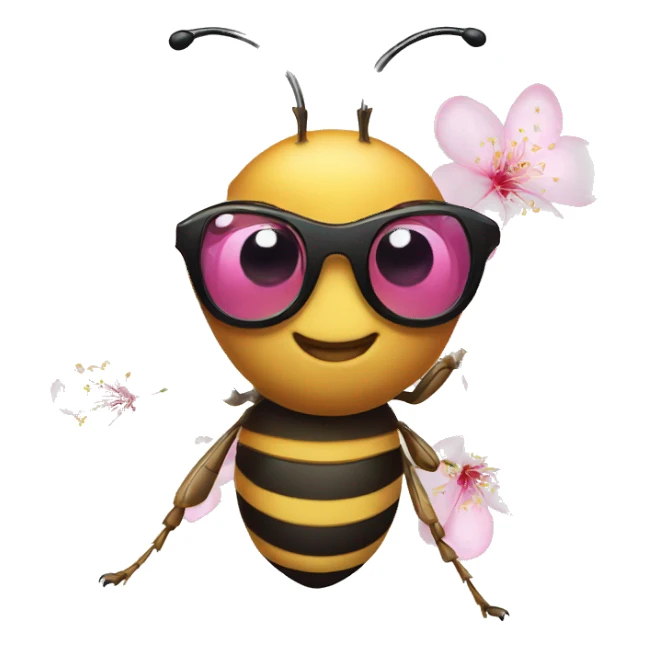 honey bee wearing glasses with a pink cherry blossom flower on its head sticker