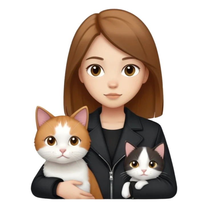 Light-skinned girl with brown straight hair wearing a black jacket, along with one pure white cat and one calico cat sticker