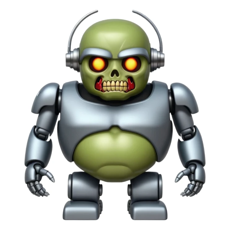 fat zombie robot terminator, straight front view, glossy smooth finish, Apple emoji style, no background sticker