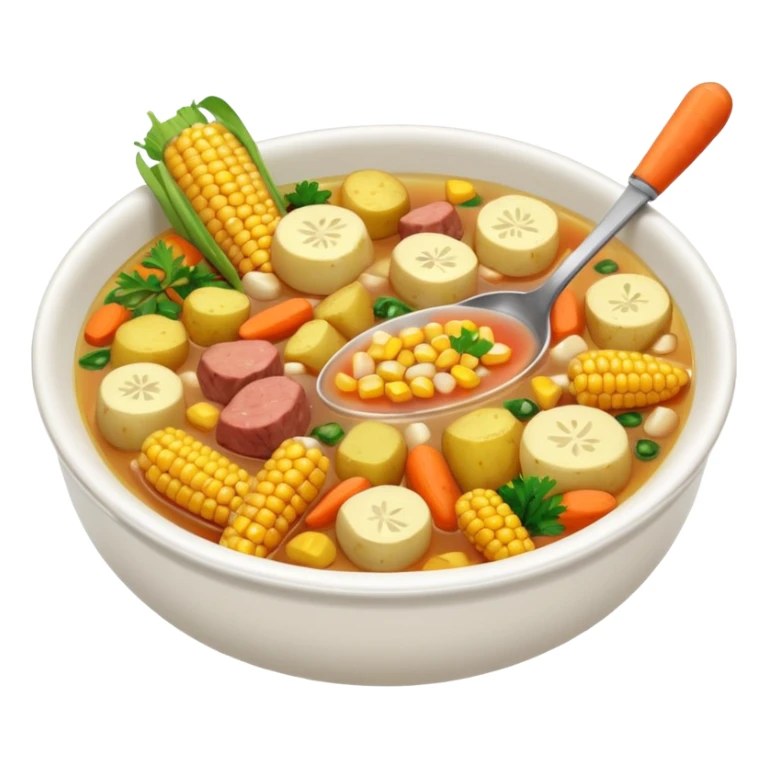 bowl of caldo de res, visible beef chunks, corn, carrots, potatoes, clear broth sticker