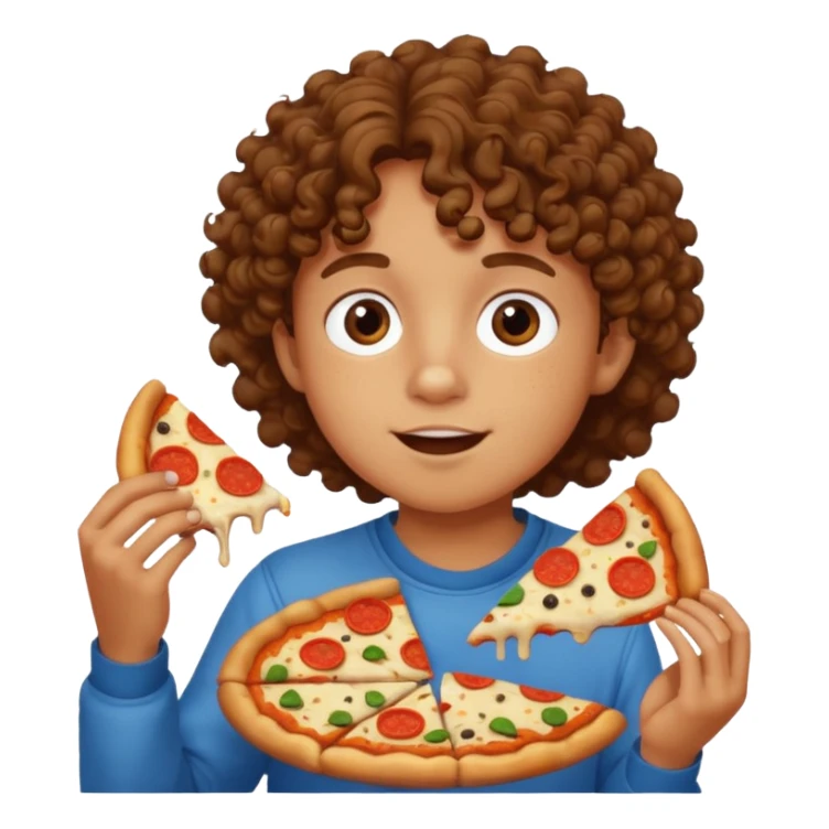 Kid with curly hair eating pizza sticker