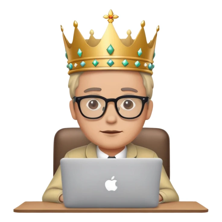 Man in glasses with crown on his head sat at the desk with MacBook  sticker