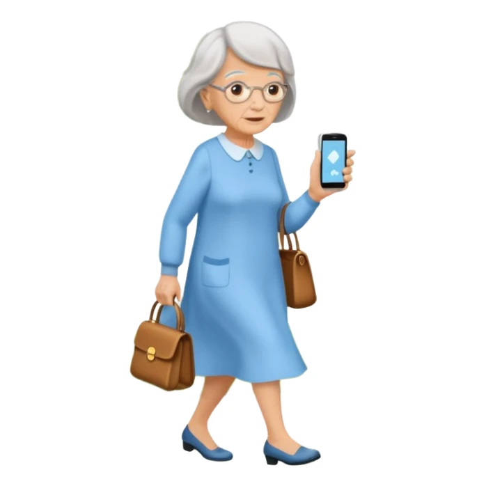 An old lady walking in a park holding a cell phone with a text bubble that says Have you checked in to the meetup? sticker