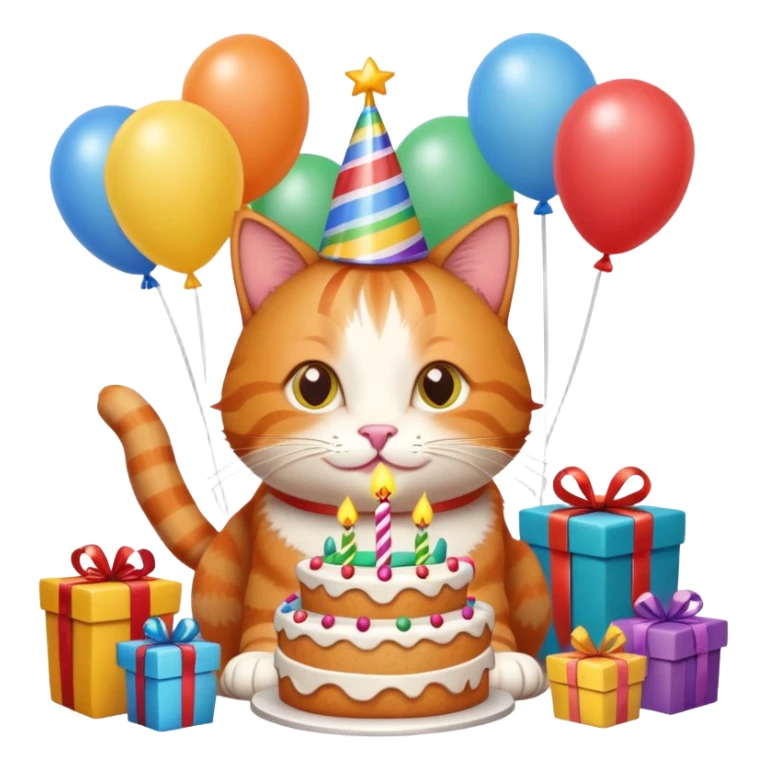 Ginger cat celebrates birthday, birthday hat, birthday cake, balloons, happy, gifts sticker