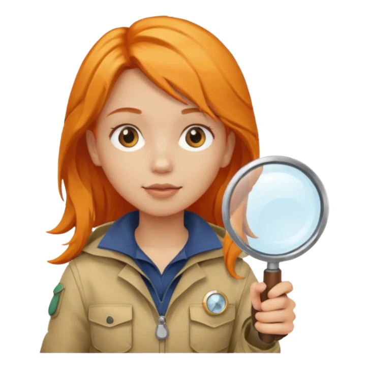 braid orange haired girl in explorer outfit, holding magnifying glass sticker