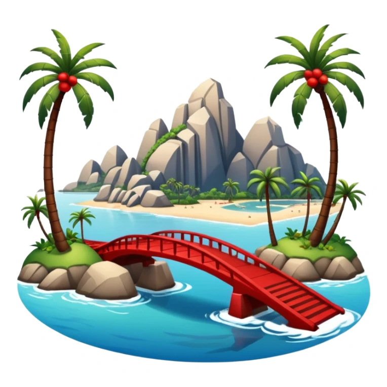 advanced modern island with advanced infrastructure, parks, contemporary architecture, beaches with palm trees, and a red bridge on one side sticker