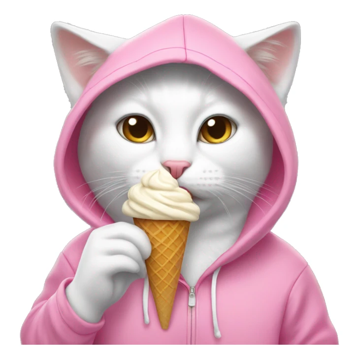 A white cat eating ice cream while wearing a pink hoodie sticker