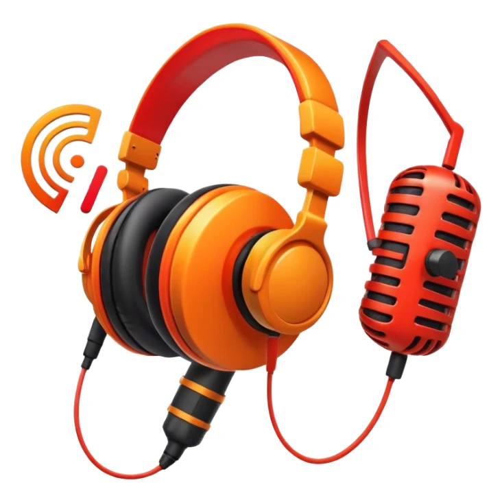Create a dynamic and creative emoji that represents voiceover and dubbing. The design should feature a microphone, a pair of studio headphones, and sound waveforms to symbolize the recording and manipulation of voice. Add subtle details like a film reel or a speech bubble to represent the dubbing aspect. Use vibrant colors like orange, red, or purple to evoke energy and creativity in voiceover work. The background should be transparent. sticker