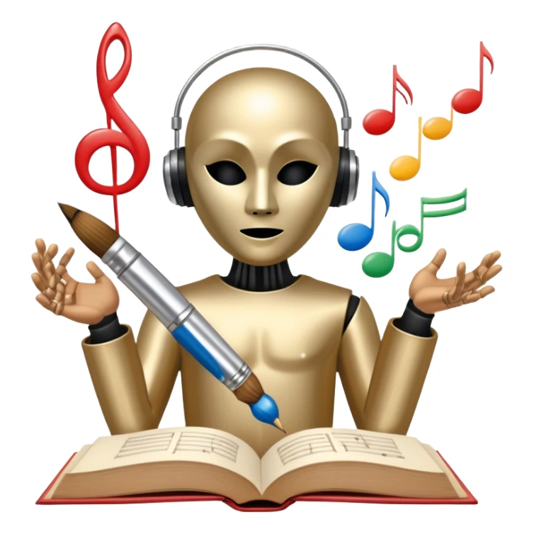 A metallic humanoid figure whose torso is a circle divided into 4 clear segments, each segment containing a distinct icon: paintbrush (visual arts), music note (musical arts), theater masks (theatrical arts), and an open book (literary arts) sticker
