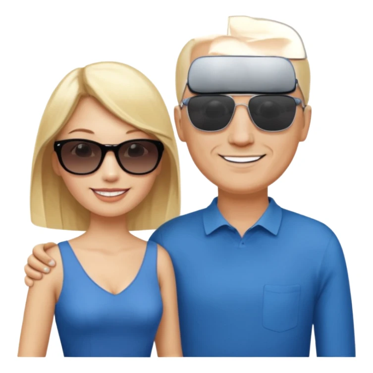 White woman with blonde hair wearing sunglasses and a blue dress, standing next to a tall bald white man sticker