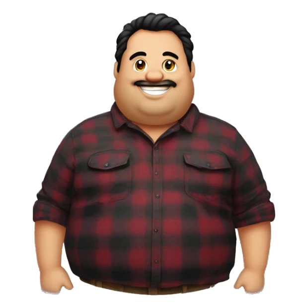 Fat man wearing a darkred and black plaid flannel shirt profile picture, happy, black hair sticker