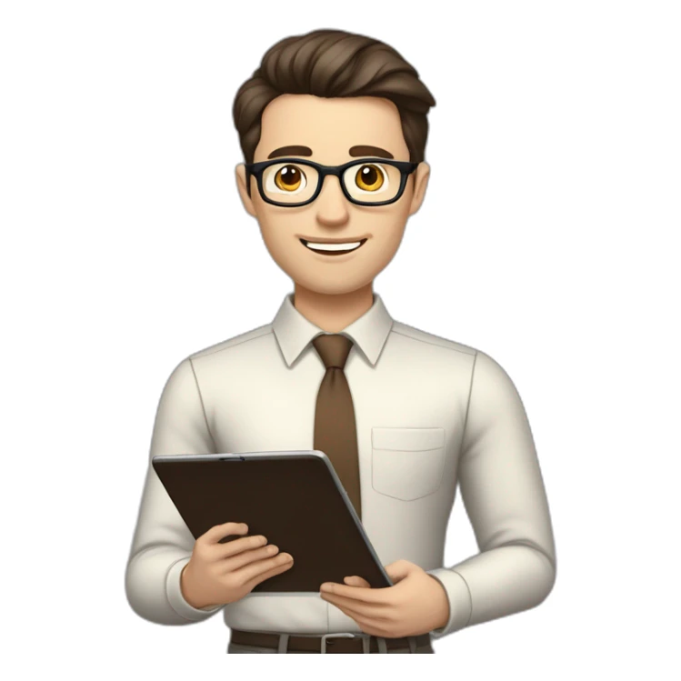 Pale skinned fit man with dark brown hair in gray jacket, beige office shirt, brown tie, brown pants and vintage glasses Writing on the tablet sticker