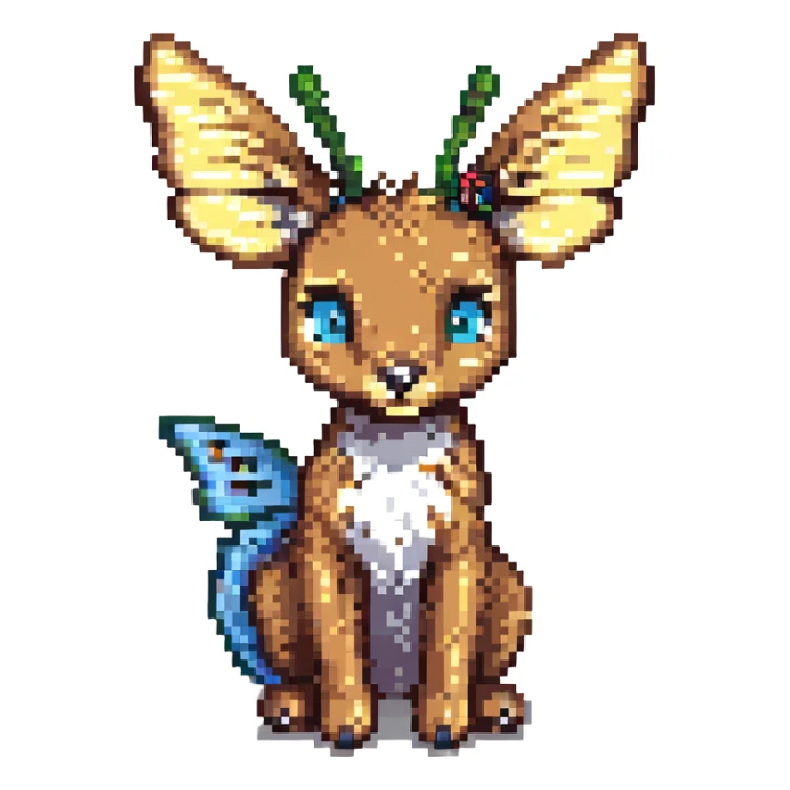 Bambi in pixel art, sitting down, with a butterfly on his tail sticker