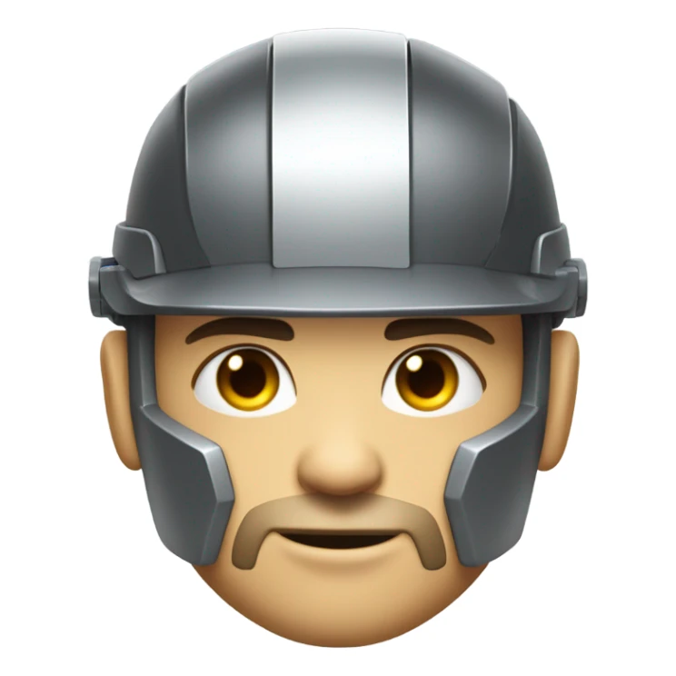 muscular cyborg robot face half human with short straight, dark hair, hardhat, and a neatly trimmed beard sticker