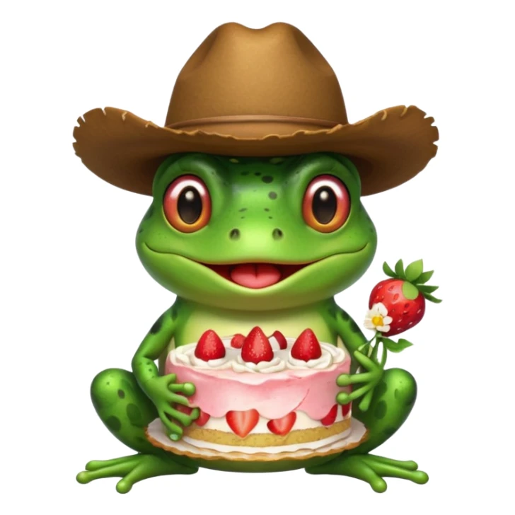Frog with a cowboy hat on and he’s blushing and holding a strawberry cake sticker