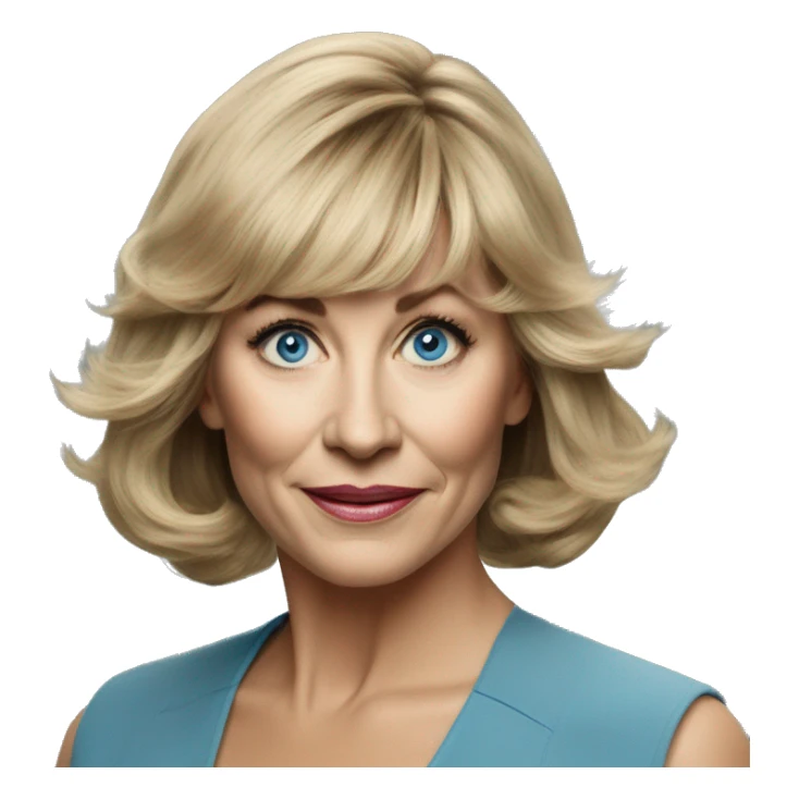 Medium length Dirty blonde voluminous hair with bangs all across forehead and sides swept away from face woman of 60 with blue eyes  sticker