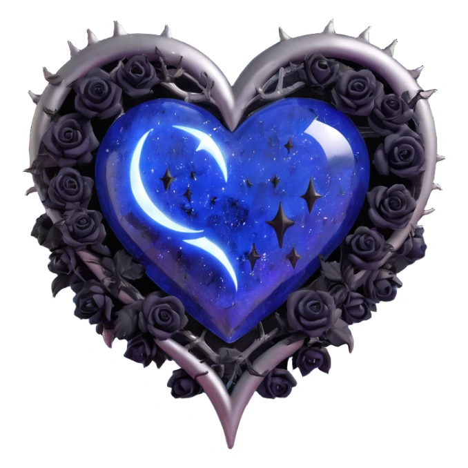 gothic heart made of midnight blue glass with silver crescent moon, tiny black roses, shimmering stardust, lightning bolt effect, rain-soaked look, cracked glass texture sticker