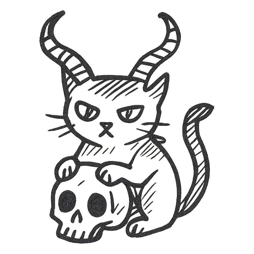black cat with large, twisted demon horns, front paws on a human skull, hand drawn style, dynamic outlines, no fill sticker