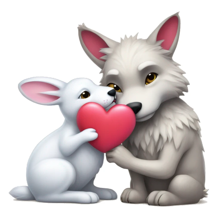 Old Wolf kisses a white Bunny who has pink ears, with big red heart between them sticker