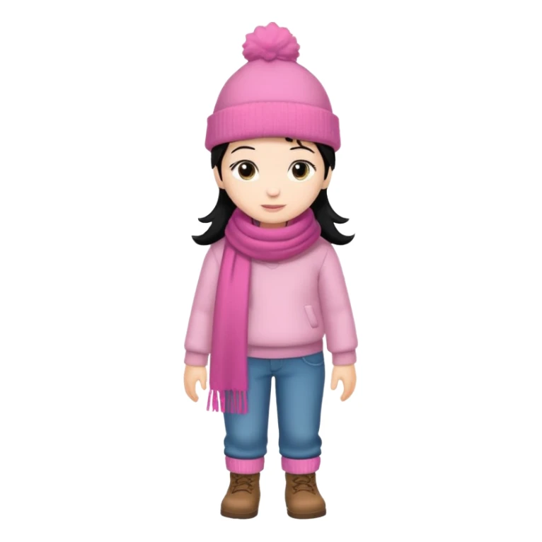 Kid wearing pink hat and scarf, black hair, full body sticker