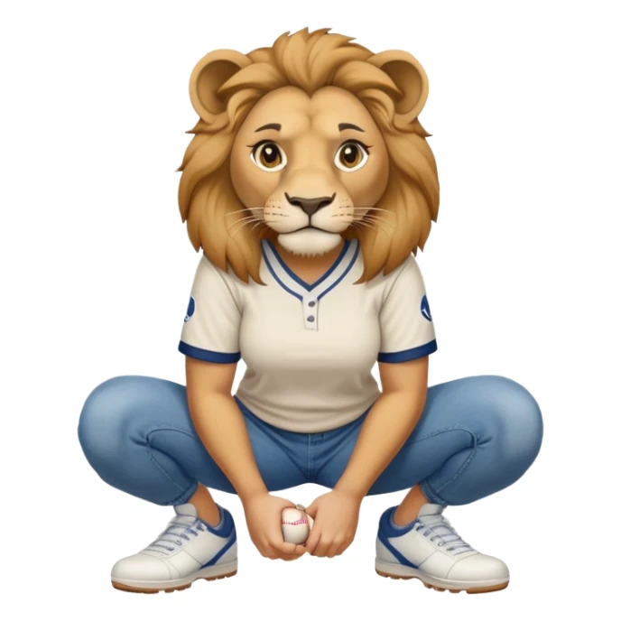 confident anthropomorphised female lion wearing a baseball shirt, jeans, trainers, squatting, empty hands sticker
