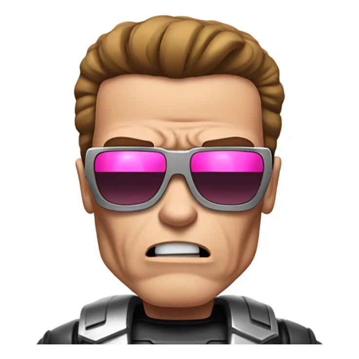 Crying Schwarzenegger-like Terminator, upper body only, wearing his iconic clothes in pink (all clothes must be pink), looking more human with minimal robotic details sticker