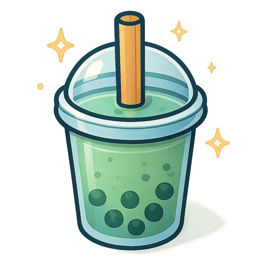 bubble tea cup with a rounded cute lid, blue cup, green drink inside, vector hand-drawn style, clear bold outlines, strong shadows and highlights, matte glass effect, sparkles and stars, kawaii look sticker