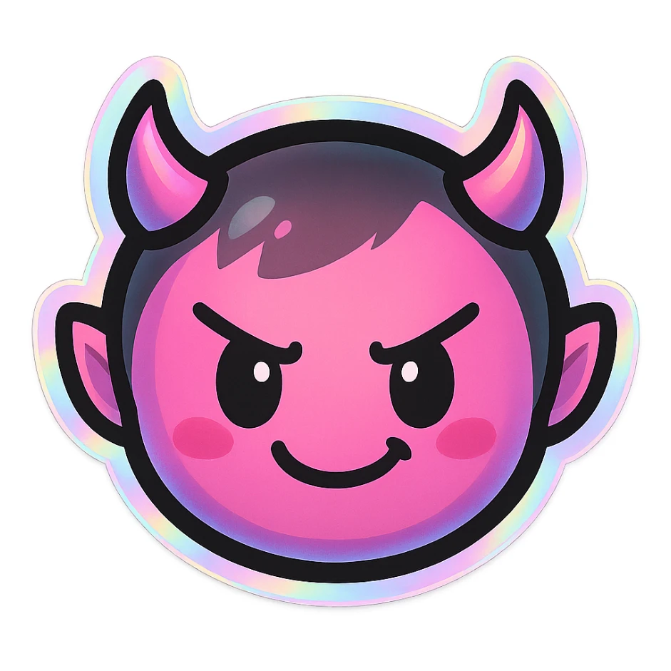 devil emoji with holographic pink and black colors, tiny horns, cute but mischievous expression, chibi style, holographic effect sticker