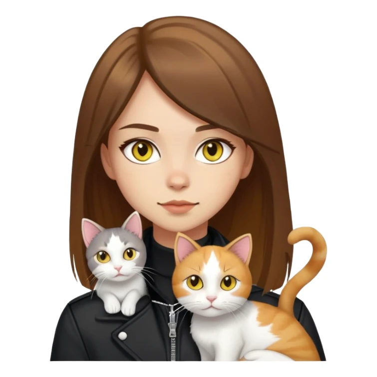 Light-skinned girl with brown straight hair wearing a black jacket, with a white cat with yellow eyes and a calico cat sticker