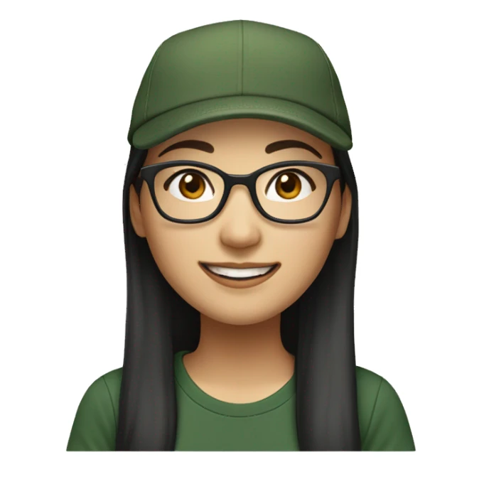 Hyper realistic, look from side, asian adult woman, light white skin, smiling with teeth, black eyes, spotted frame glasses, long brown straight hair with highlighted strands, black T-shirt, dark green cap. sticker
