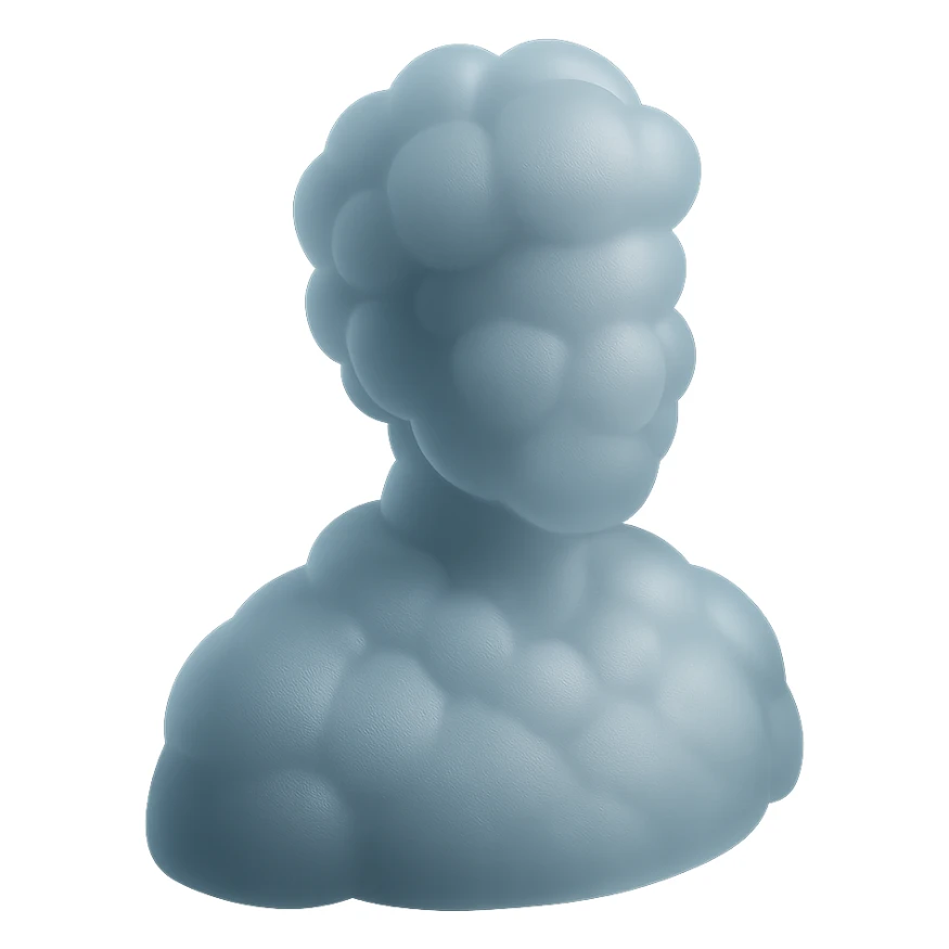 person from shoulders up, fully composed of white fluffy convex clouds, matte glass style, no background, no extra details sticker