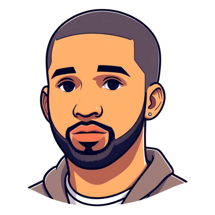 2012 illustration, version of Drake,  canadian actor, singer and rapper from Toronto, must be ultra hyperrealistic, and mirco-detailed, 3D appearance sticker design
 Must be 8k hd, 8000x8000px resolution. Must use very thin transparent smooth lines around sticker.  sticker