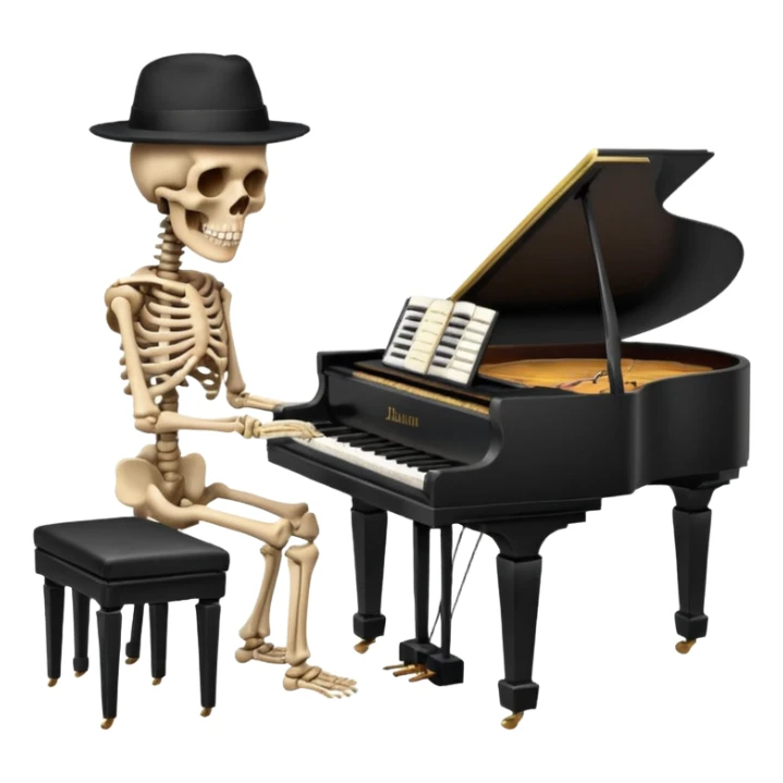 a human skeleton in anatomical proportion wears a black hat and plays the piano sticker