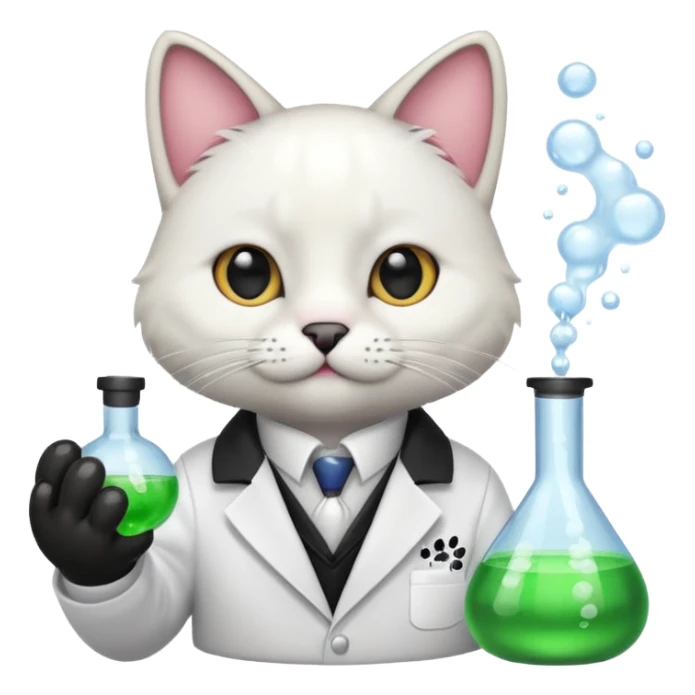 Sleek cat wearing a white coat, paw on a bubbling flask. sticker
