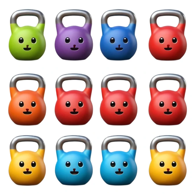 6 colorful cartoon kettlebells with faces, arms, legs, white background. sticker