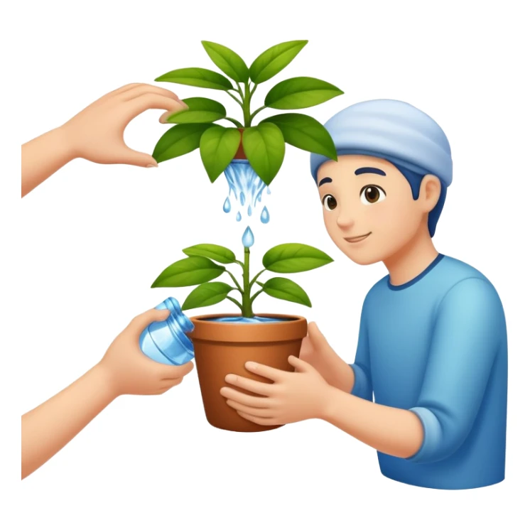 hands pouring water onto a potted plant, simple and friendly sticker
