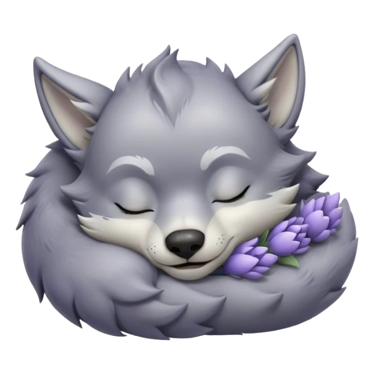 Meme-Worthy Cute Sleeping Werewolf Portrait Emoji, with a cuddly, miniature lupine form in soft moonlit grays and silvers, head resting peacefully with gently closed dreamy eyes and a small, content smile, simplified yet irresistibly endearing, highly detailed with a soft glowing outline that captures the cozy, sleepy essence of a werewolf after frolicking under the full moon! sticker