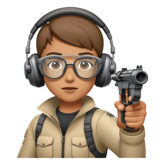 A focused shooter in protective headphones and special glasses, aiming precisely at a target. The setting includes a shooting range with clear markers and a calm, controlled environment, emphasizing concentration, accuracy, and the discipline of the sport sticker