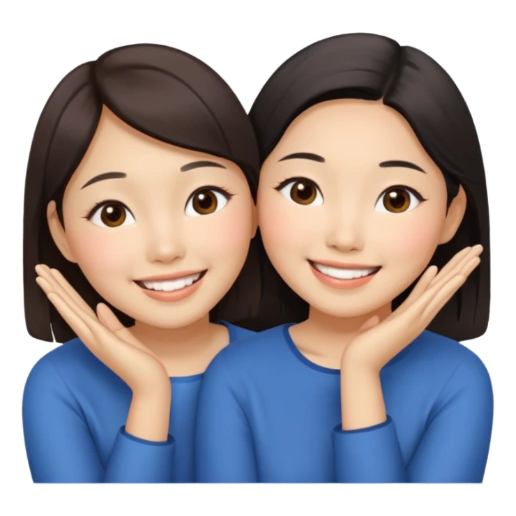 Two happy asian women beside each other touching their cheek sticker