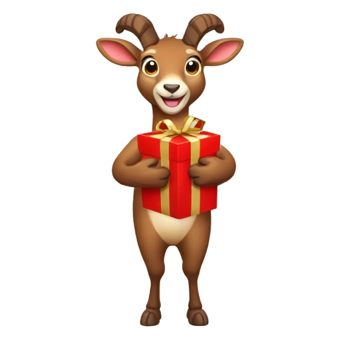 happy smiling brown chamois holding red gift sticker