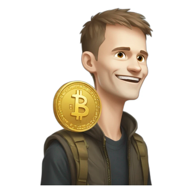Vitalik hits himself on the head with Ether coins, wearing a sarcastic smile sticker