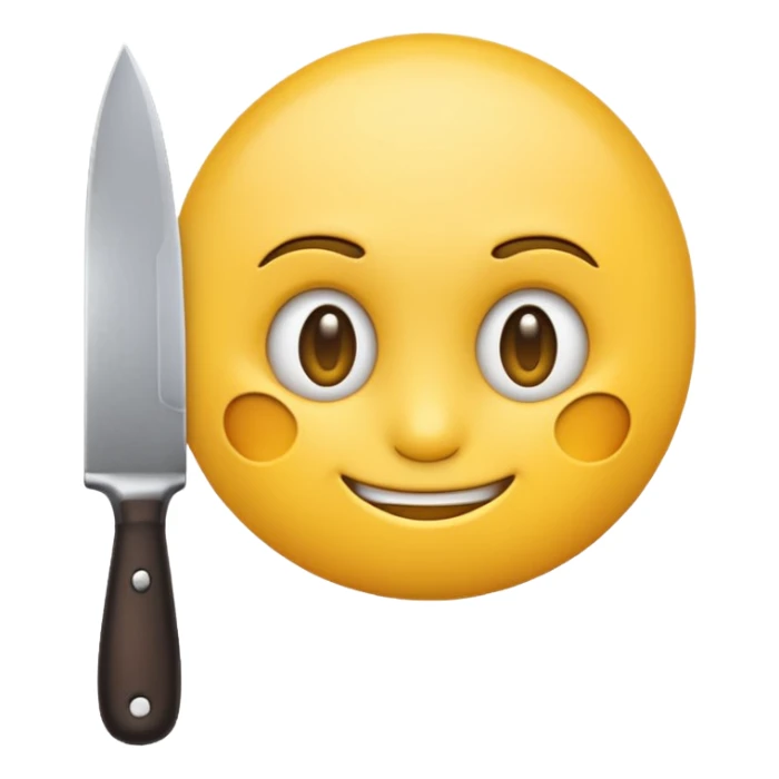 yellow emoji with a mischievous smile, knife in hand, intense stare sticker