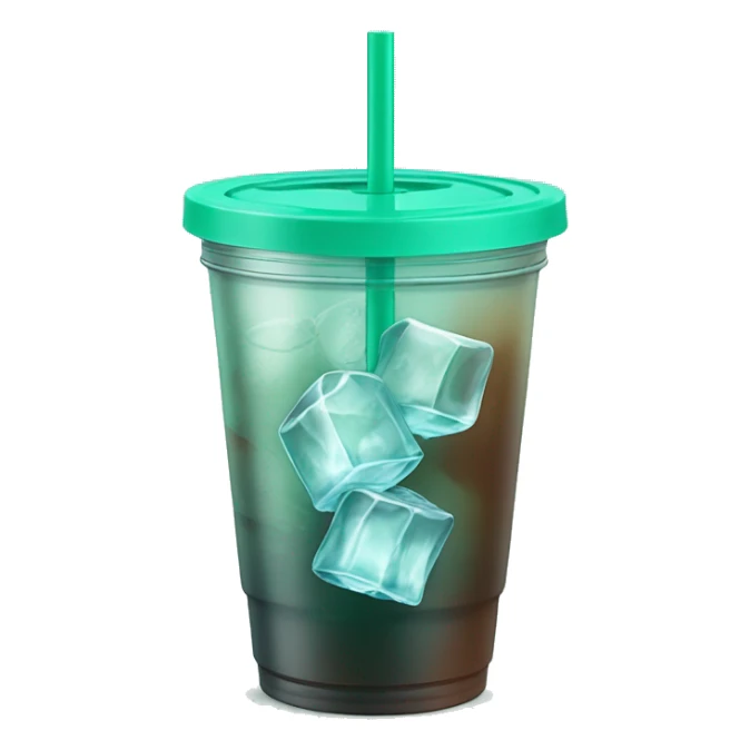 Realistic plastic cup and lid with half full Transluscent dark mint green and large ice cubes inside and one straw through the top of the lid. sticker