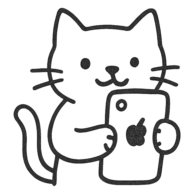 cat holding an iPhone, hand drawn outline style sticker